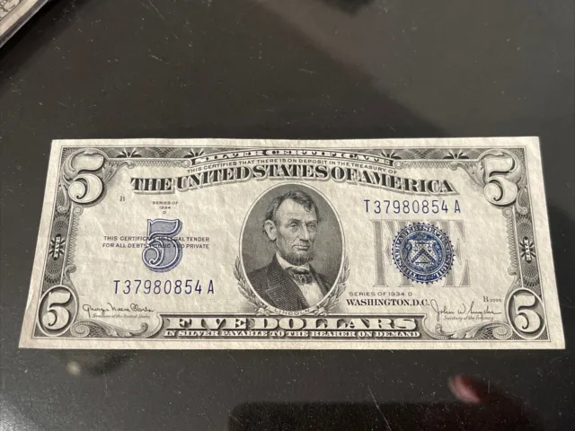 1934-D $5 Blue Seal Silver Certificate Old US Paper Money Crisp