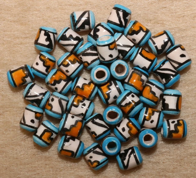 25 handbemalte Peru Keramik Perlen, 6mm Walze Zylinder blau orange Perle Basteln