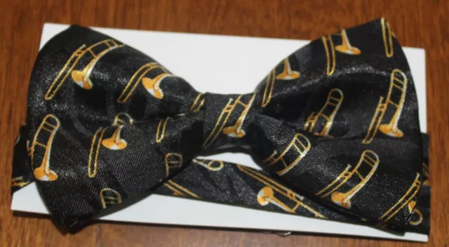 Trombone  Black 100% Poly PRE-TIED BOW TIE w Gift Box Black.