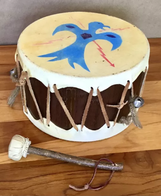 Vintage Mid Century Native American Thunderbird Rawhide Leather Toy Pow Wow Drum