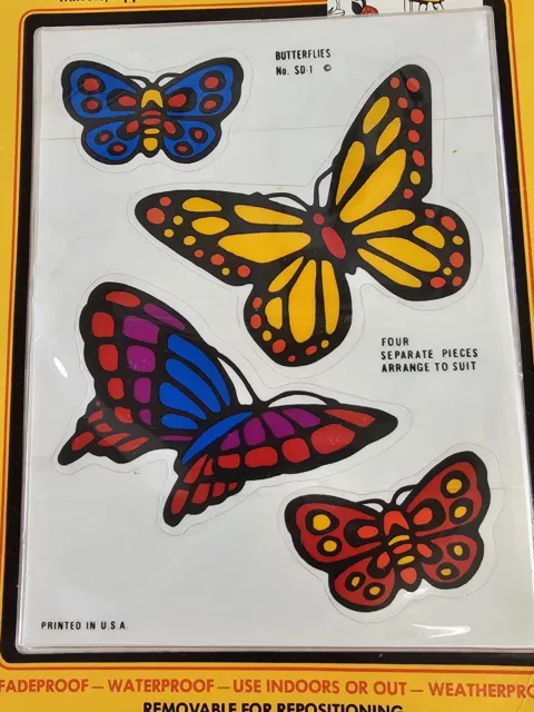 Calcomanías decorativas autoadhesivas vintage 1973 mariposas brillantes en paquete original nuevo de lote antiguo