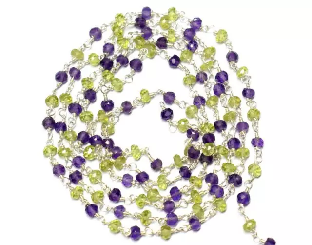 Solid 925 Silver Link Chain - 1 Foot - Amethyst Peridot Gemstone Beads #D1981