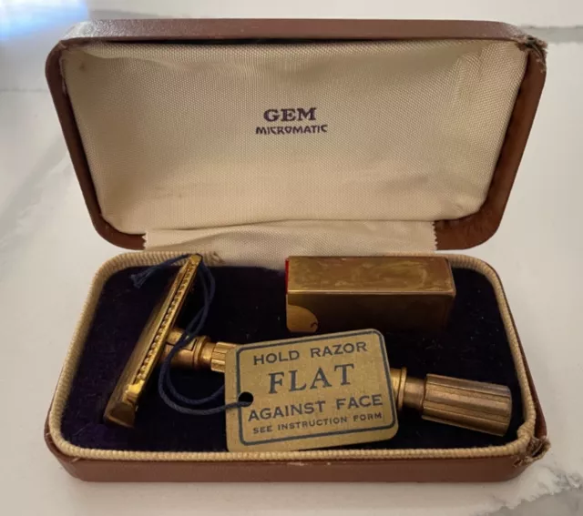 Vintage Brass Gem Micromatic Safety Razor W/ String Tag, Blades / Box- Gillette?
