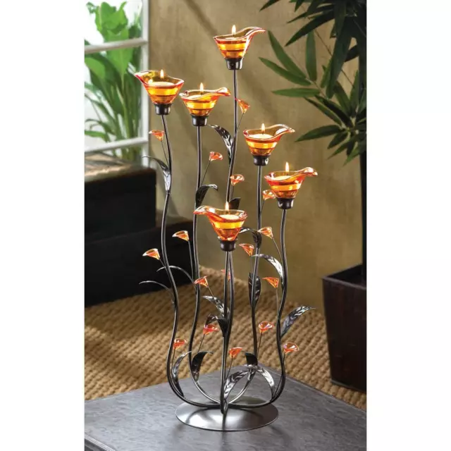 Black Orange Iron Glass Iridescent Gorgeous Amber Calla Lily Candleholder