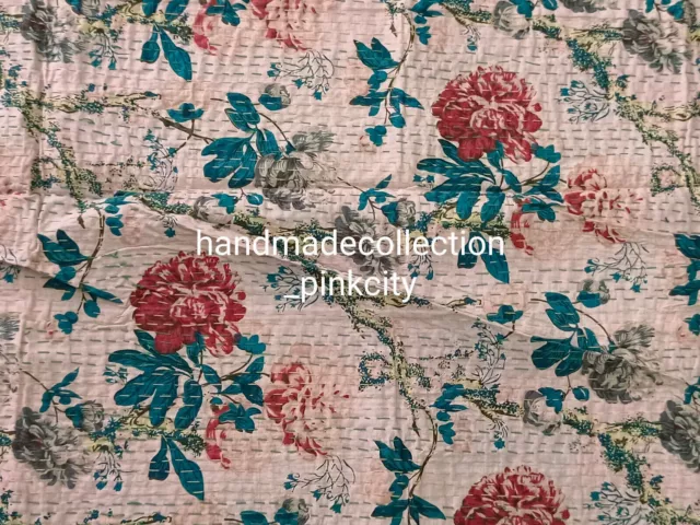 Colcha india hecha a mano con estampado floral Kantha Gudari, manta de algodón