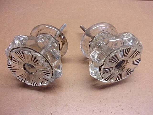 Lot of 2 Antique Crystal Glass 8-Sided Door Knobs 2" x 2" Damaged for Repair