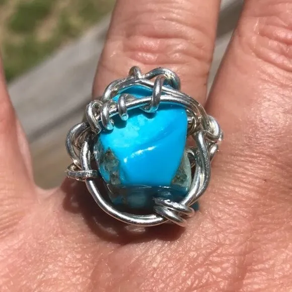 Genuine Morenci Turquoise Gemstone Ring Size 9 Sterling Silver 925 Handmade