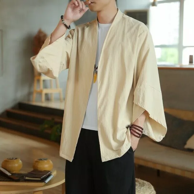 Men Kimono Cardigan Japanese Jacket Coat Yukata Retro Haori Loose Casual Outwear