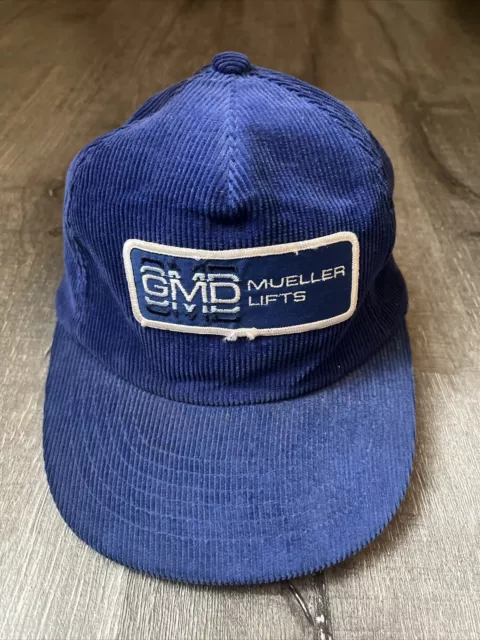 Vintage Corduroy Hat GMD Mueller Lifts Patch SnapBack Blue Cotton Cap 80s 90s