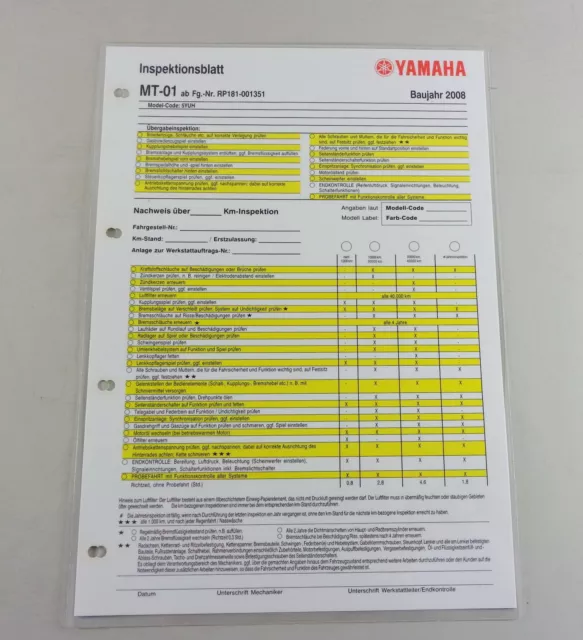 Inspektionsblatt Yamaha MT-01 Typ RP 181 Stand 2008