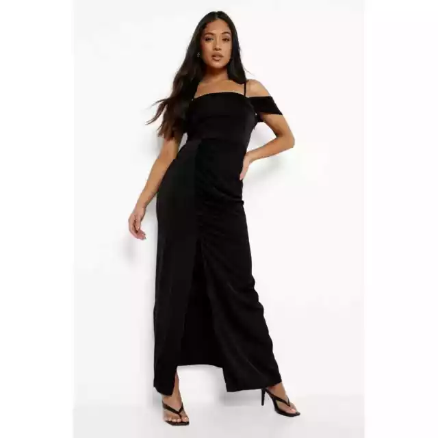 Boohoo Black Shoulder Draped Satin Maxi Dress Petite SZ SP