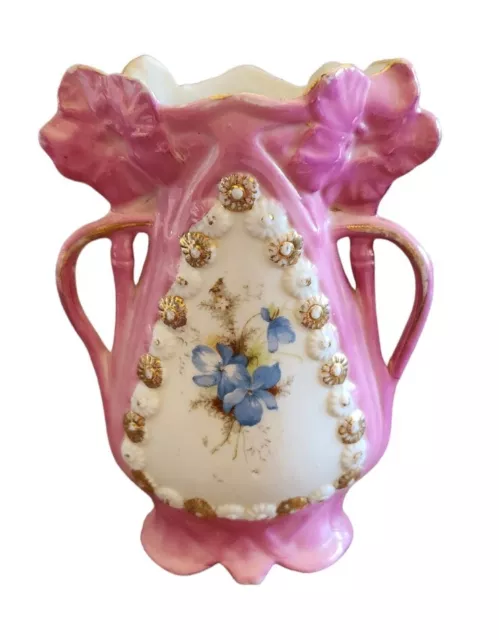 ANTIQUE PORCELAIN PINK AND WHITE  BUD VASE 5.5"TALL x 4"  WIDE W/ BLUE FLOWERS