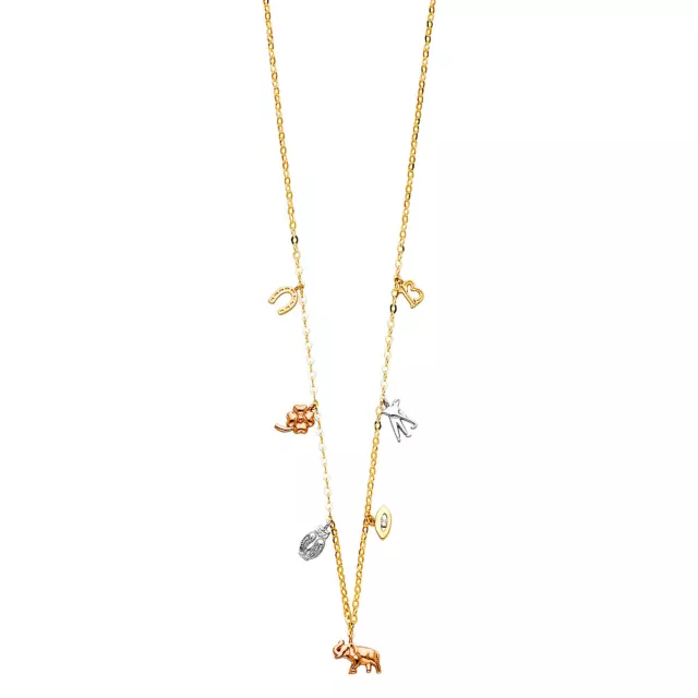 14K 3 Tone Gold Lucky Charms Necklace & Horseshoe Owl Evil Eye Elephant - 17+1"