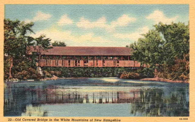 Postcard NH White Mts New Hampshire Old Covered Bridge Linen Vintage PC f9233