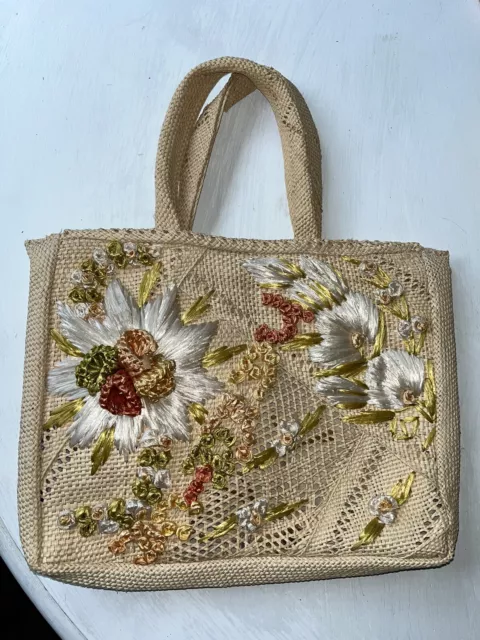 1960 s BURLAP WITH FLOWERS LINED 2 HANDLED SUMMER BAG/PURSE Shabby Chic  Mcm