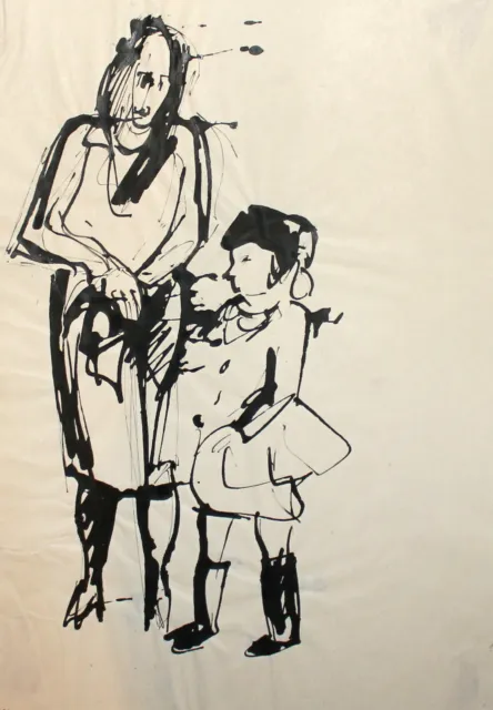 Vintage ink painting expressionist woman and girl portrait