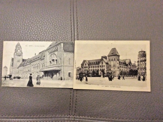 Lot 2 CPA 57 METZ la POSTE CENTRALE + la GARE CENTRALE animée 1926 AK Postcard