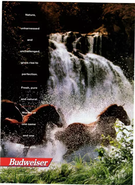 1993  PRINT AD Budweiser Beer Nature Unharnessed Waterfall Running Horses