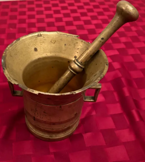 MORTAR & PESTLE /Brass f.1721(dated)/Marks;FjLM & G.K. 775/about: 6"x 5.5"/7.5Lb