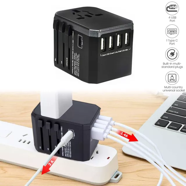 World Wide Universal Travel Power Adapter Multi Plug Charger 4 USB Ports Black