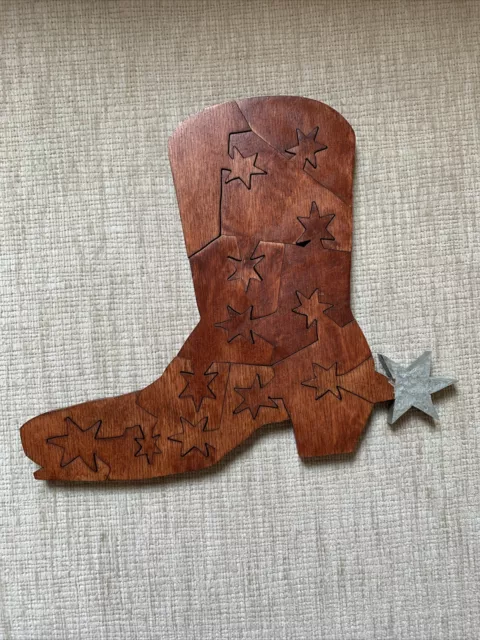 Vintage Folk Art Hand Carved Cowboy Boot Wooden Puzzle 8x9 Rare Piece
