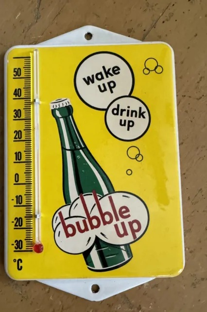 "BUBBLE UP SODA" PORCELAIN ADVERTISING THERMOMETER 7 1/2" x 4 3/4" Perfect Cond