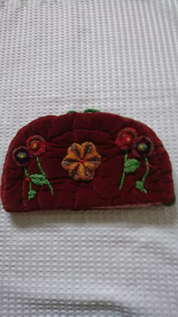 Rare Vintage 40'S 50'S Velvet Hand Quilted Bespoke Tea Cosy With Felted Flowers