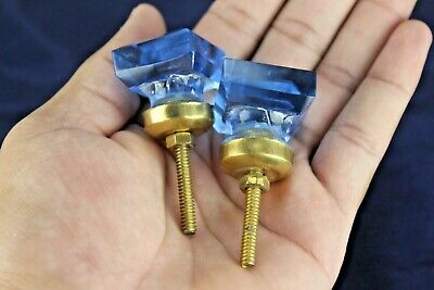 Glass Door Knobs Antique Victorian Style Brass Fitted Square Blue Crystal Set