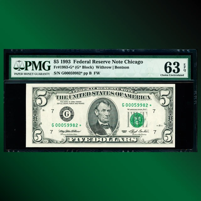 Fr. 1983 1993 $5 Five Dollars FRN Chicago, Star Note, PMG 63 EPQ, 59982