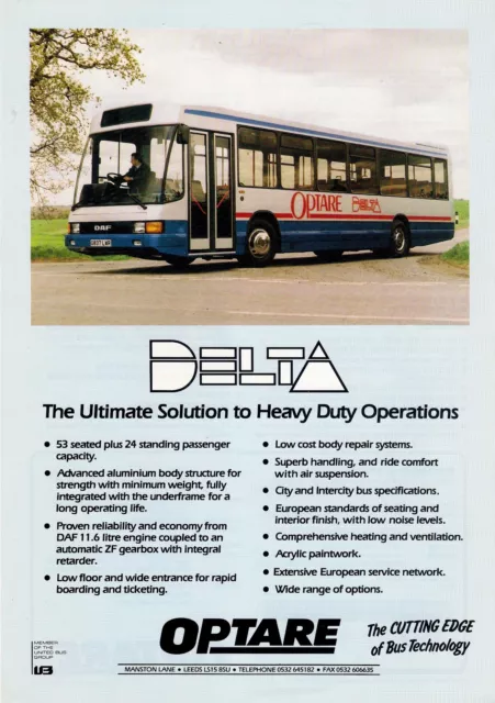 Bus Manufacturer Specification Sheet ~ Optare Delta: DAF SB220 Demo G837LWR 1991