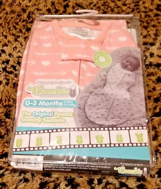 Woombie Original White Hearts & Arrows Print Pink Swaddle Sleep Sack 0-3 Months
