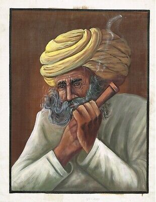 Rajasthan Peinture Miniature De Indien Ancien Homme Fumer Œuvre Sur Soie Tissu