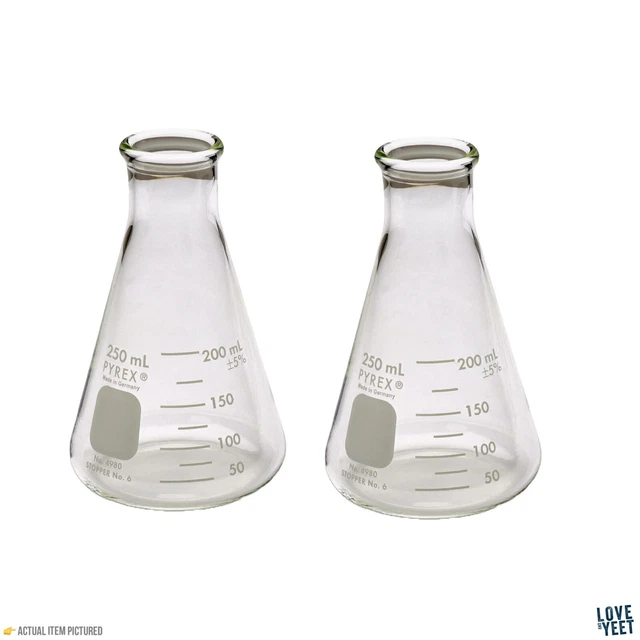 PYREX 4980-250, 250mL Narrow Mouth Erlenmeyer Flasks w/ Heavy Duty Rim 2 PACK