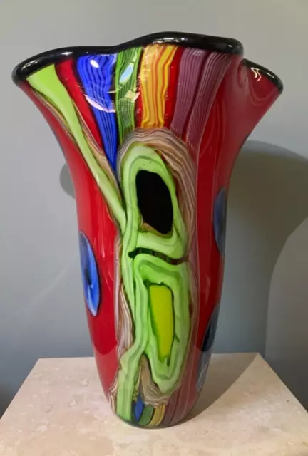 GLASS ART VASE BY DALE TIFFANY TREVOR ~ 13" Hand Blown Red Yellow Blue Green