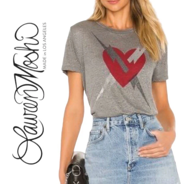 Lauren Moshi Gray Heart Lightning Bolt Short Sleeve T-Shirt Size Medium