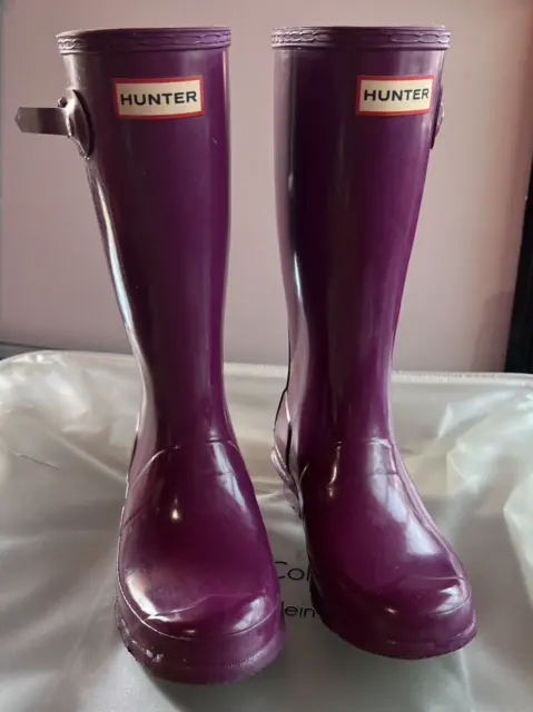 Hunter Sz 3 Girl's Purple Slip On Tall Rubber Rain Boots Excellent Condition EUC