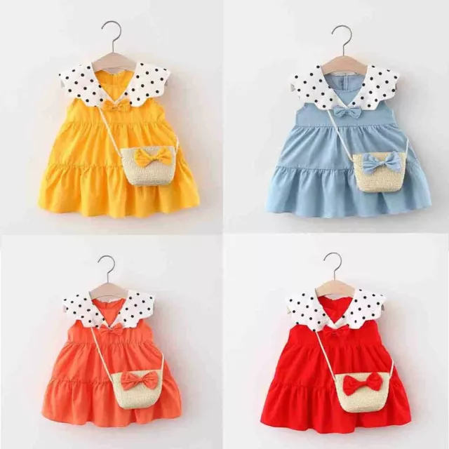 Toddler Baby Kids Girls Sleeveless Princess Polka Dot Tutu Dress With Bag Outfit