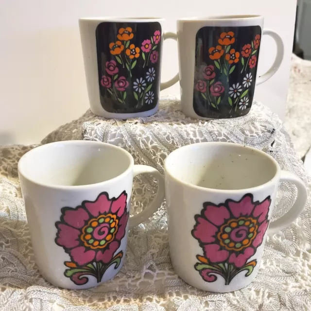 Lot Of 4 Coffee Mugs/ Cups Vintage MCM  Flowers 1960s/1970s Retro Kitsch Decor