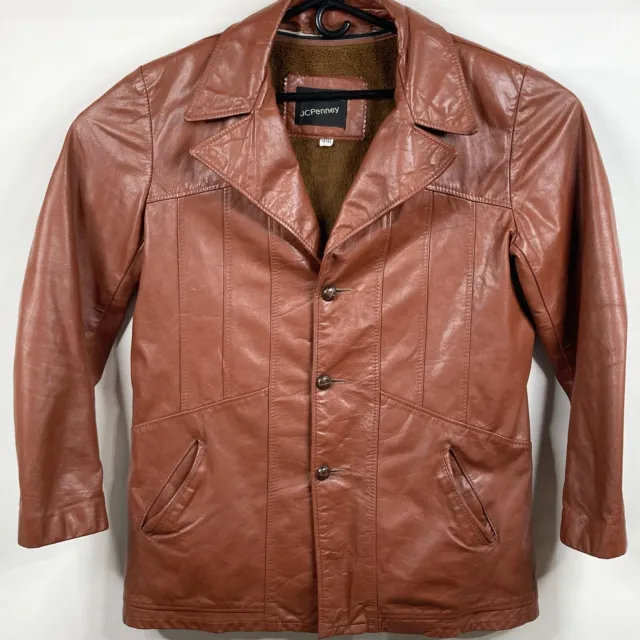 Mens VTG JC Penney Leather Jacket Size 44L Faux Fur Removable Liner Wood Button