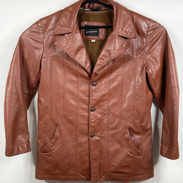 Mens VTG JC Penney Leather Jacket Size 44L Faux Fur Removable Liner Wood Button
