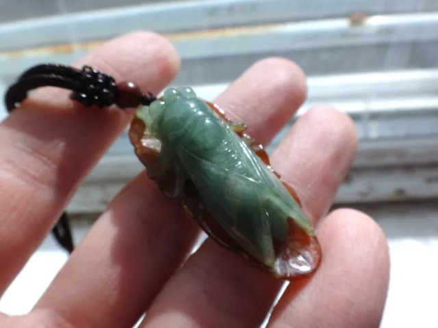 Natural Genuine A Jadeite Jade Green Red Cicada Leaf Pendant