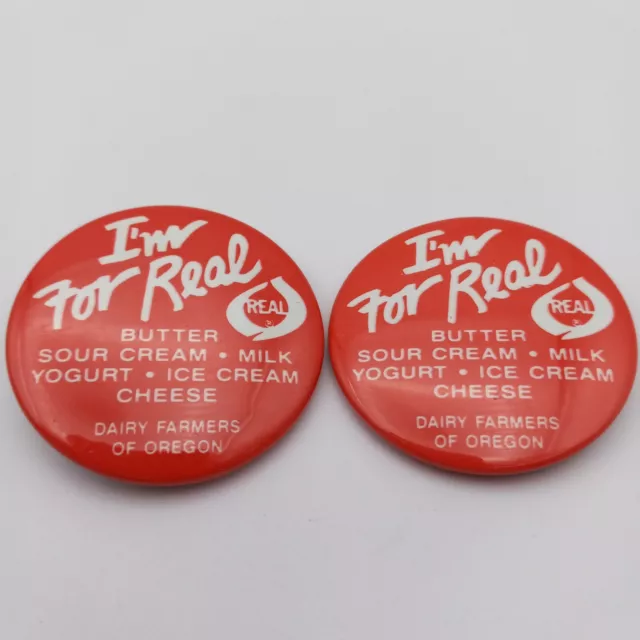 2 Vintage Dairy Farmers Oregon Pinback Buttons I'm For Real Cheese Ice Cream Lot