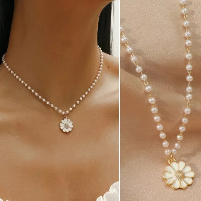 Daisy Flower Pendant Pearl Necklace Choker Chain Women Wedding Fashion Jewelry