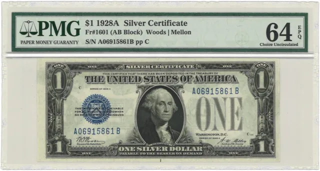 1928A $1 Silver Certificate Fr#1601 (AB Block) PMG Ch UNC 64 EPQ - 76549A