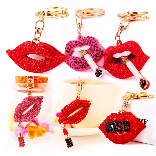 Lip Kiss Cigarette Crystal Rhinestone Keyring Keychain Car Key Chain Ring Gift