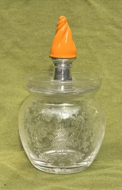 Antique Vintage MARKED "H M Sterling" Etched Glass Jar with Lid and Flame Finial
