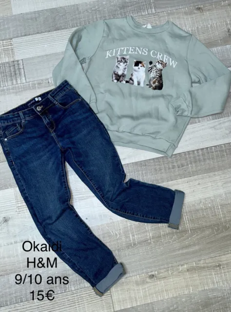 Okaidi H&M 9 / 10 Ans Fille : Ensemble Sweat Shirt Chatons + Jean