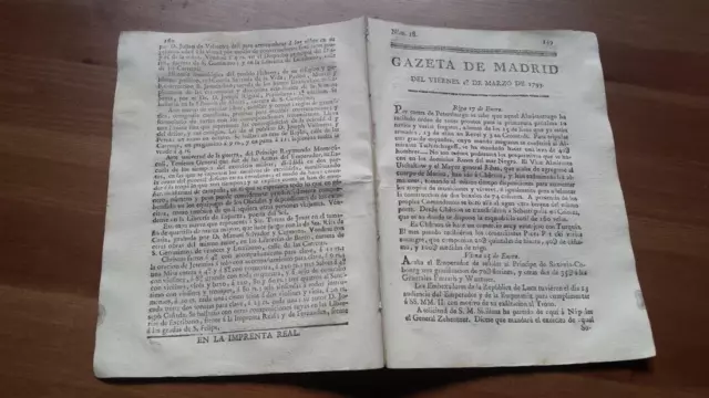 1793 Gazeta de Madrid Núm 18 del Viernes 1º Marzo Riga Viena Venezia Barcelona