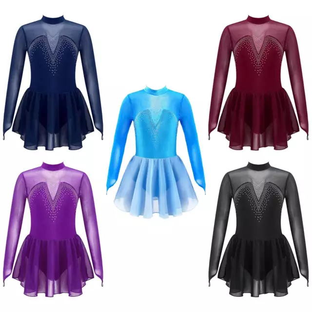 UK Kids Girls Sparkle Mesh Figure Ice Skating Dress Gymnastic Dancewear Leotard