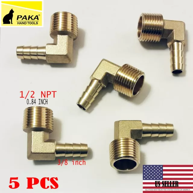 5PC- 3/8" HOSE BARB ELBOW X 1/2 MALE NPT Brass Pipe Fitting Thread Gas Fuel ...